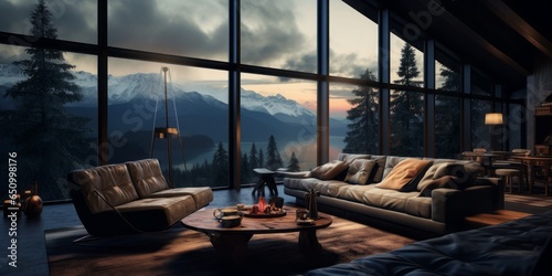  Luxury at the New Mountain Resort, Set in a Cabin with Expansive Glass Windows Offering Breathtaking Alpine Views, a Perfect Escape Amidst Modern Comfort and Natural Serenity