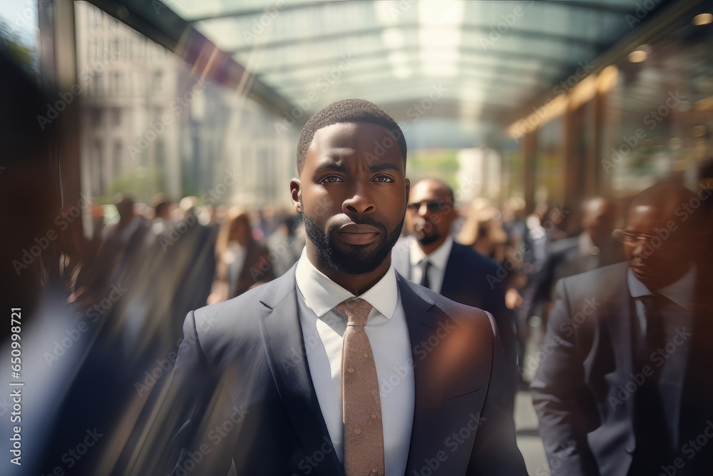 Black Businessman Walking in Modern City, Handsome Man Walks on a Crowded Pedestrian Street, African Manager Surrounded by Blur People on Busy Street. Black Businessman Walking in Modern City, Handsome Man Walks on a Crowded Pedestrian Street, African Manager Surrounded by Blur People on Busy Street.