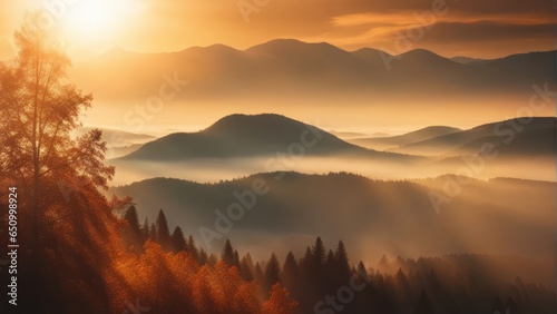 Natural fog and mountains sunlight background blurring, misty waves warm colors and bright sun light