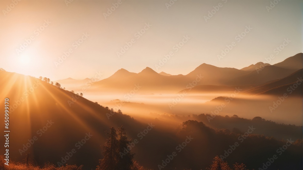Natural fog and mountains sunlight background blurring, misty waves warm colors and bright sun light