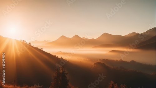 Natural fog and mountains sunlight background blurring, misty waves warm colors and bright sun light © adi