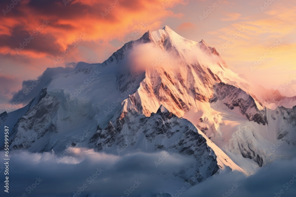 Mountain top covered with snow and shrouded in clouds at dawn