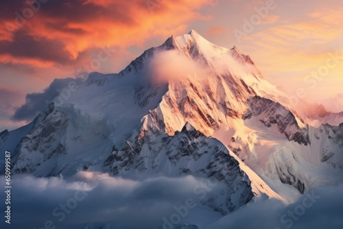 Mountain top covered with snow and shrouded in clouds at dawn © PinkiePie