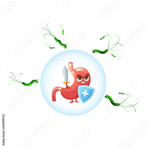 Cartoon stomach character with shield and sword against helicobacter pylori bacteria