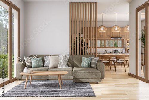 Fototapeta Naklejka Na Ścianę i Meble -  Modern contemporary living room with dining room and kitchen background 3d render