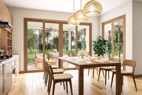 Fototapeta Naklejka Na Ścianę i Meble -  Modern contemporary dining room with wood table on which dishes are neatly arranged dishes 3d render