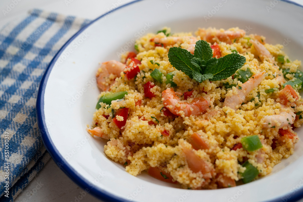 Couscous salad with vegetables and prawns