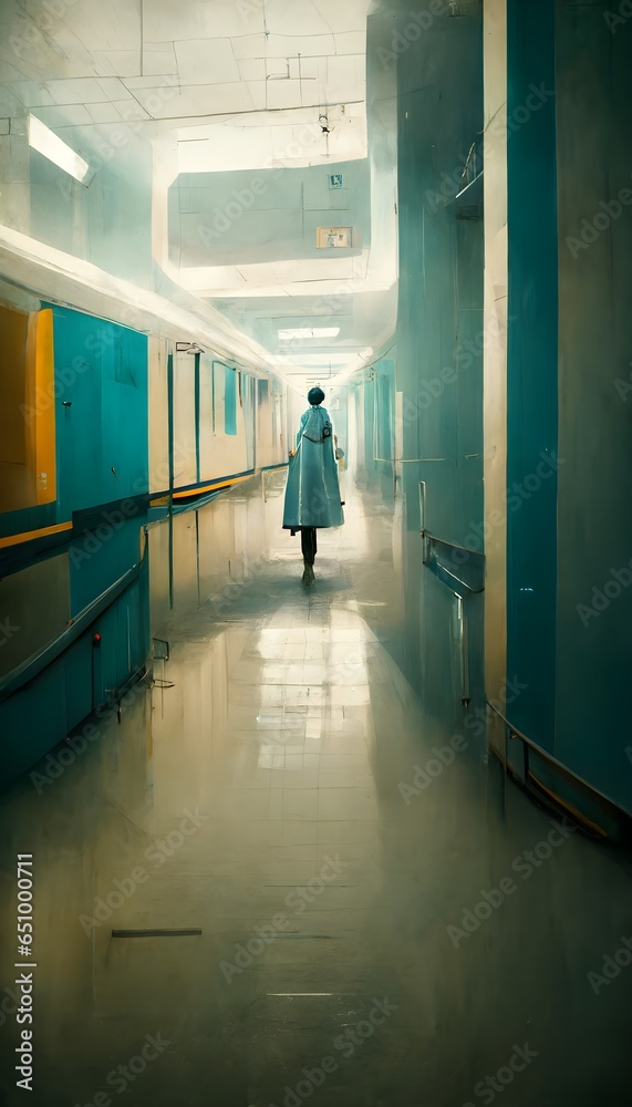 Doctor standing in a hospital corridor photographic unreal engine 5 8k surreal high quality cinematic extreme detail denoise asymmetrical 