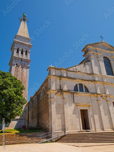 The bell tower of Saint Euphemia Church in the medieval coastal town of Rovinj in Istria, Croatia. Called Crkva Sv Eufemija in Croatian, this Baroque Catholic church dates from 1736 photo