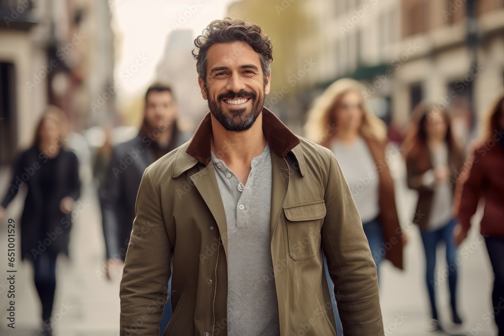 Fototapeta premium Stylish Latin Man Walking in Modern City, Handsome Latin Guy Walks on a Crowded Pedestrian Street.