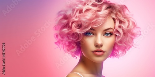 Stylishly Cute Woman with Pink Outfit and Curly Bob Hair, Captured in a Glamorous Portrait on an Isolated Pink Background, Exuding Modern Fashion and Vibrant Elegance