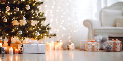Gift boxes and christmas ball and branches on the white living room background