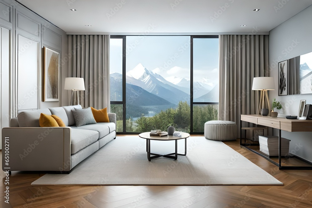 Fototapeta premium Monochrome living room with wood and grey tiling accents and chevron pattern rug