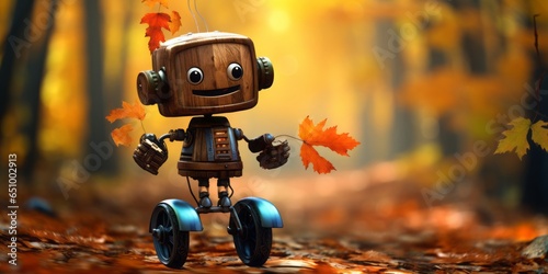 Toy Robot Embarks on an Autumn Adventure, Riding a Tricycle Through the Woods, Blending Technology and Nature in a Colorful Fall Exploration of Robotic Outdoor Innovation