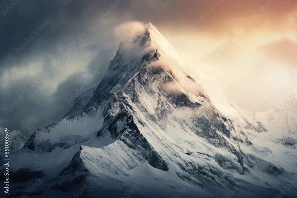 Mountain top covered with snow and shrouded in clouds at dawn Mountain top covered with snow and shrouded in clouds at dawn