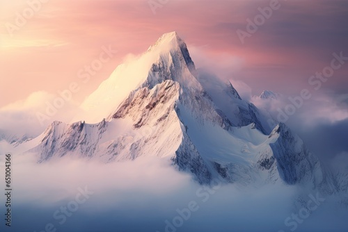 Mountain top covered with snow and shrouded in clouds at dawn
