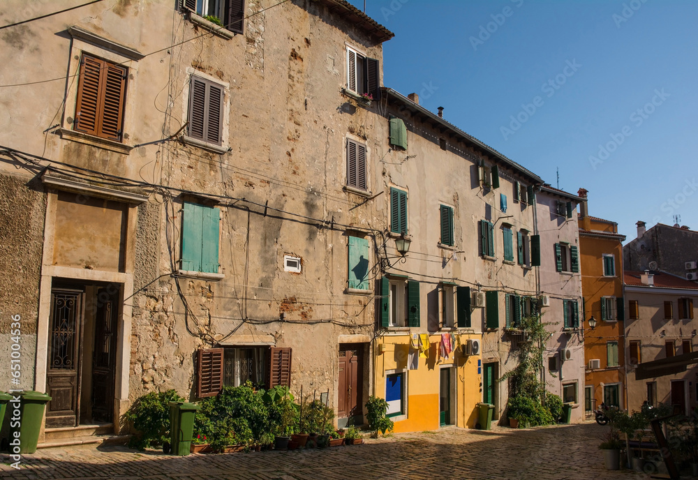 A residential street in the historic centre of the medieval coastal town of Rovinj in Istria, Croatia