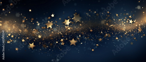 New year, Christmas background with gold stars and sparkling. Abstract background with Dark blue and gold particle. Christmas Golden light shine particles bokeh on navy background.