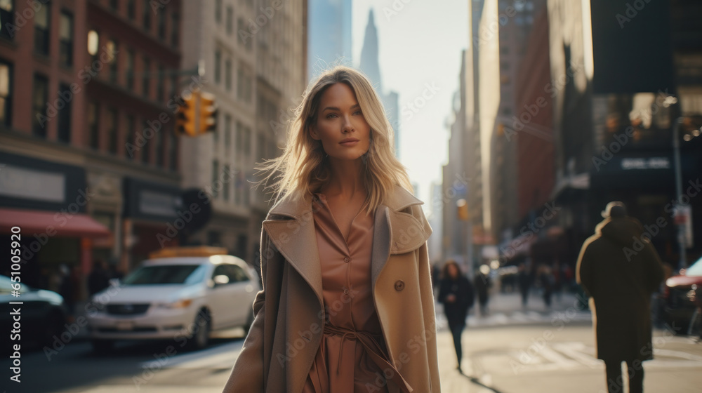 Outdoor autumn portrait of young elegant fashionable woman wearing camel color coat walking in street of European city. Copy space Outdoor autumn portrait of young elegant fashionable woman wearing camel color coat walking in street of European city. Copy space