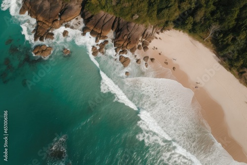 Tropical Beach coastline with palm trees, rock formations and aqua waves