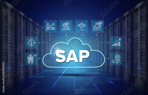 SAP Cloud Server System Software Automation - Enterprise Resource Planning (ERP) construction concept on virtual screen.