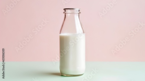 A clear glass bottle filled with non homogenized milk. Isolated against a simple background. The milk's rich, creamy texture is clearly visible, highlighting its natural, unprocessed quality.