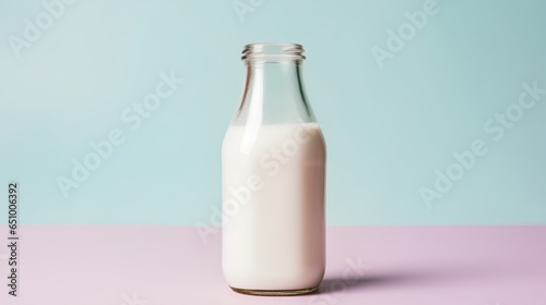 A clear glass bottle filled with non homogenized milk. Isolated against a simple background. The milk's rich, creamy texture is clearly visible, highlighting its natural, unprocessed quality.