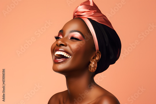 Colorful studio portrait of an ethnic woman smiling happily. Bold, vibrant and minimalist. Generative AI