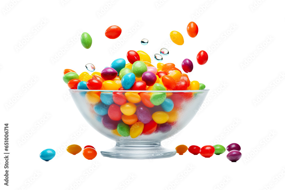 Tasty colorful candies dropping into bowl on a white background studio shot Tasty colorful candies dropping into bowl on a white background studio shot