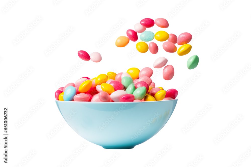 Tasty colorful candies dropping into bowl on a white background studio shot Tasty colorful candies dropping into bowl on a white background studio shot