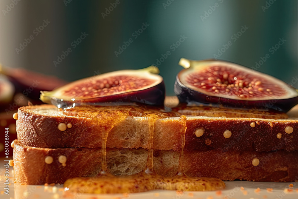 fig toast, macro shot of a fresh breakfast with Dripping Honey, AI Generated