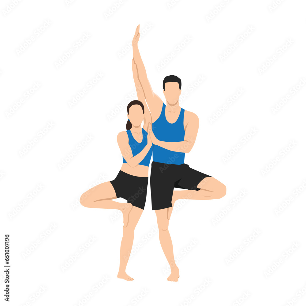 Young sporty couple smiling happy. Standing with smile on face practicing yoga doing tree pose. Couple Vrksasana. Flat vector illustration isolated on white background