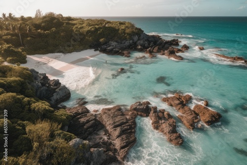 Tropical Beach coastline with palm trees, rock formations and aqua waves