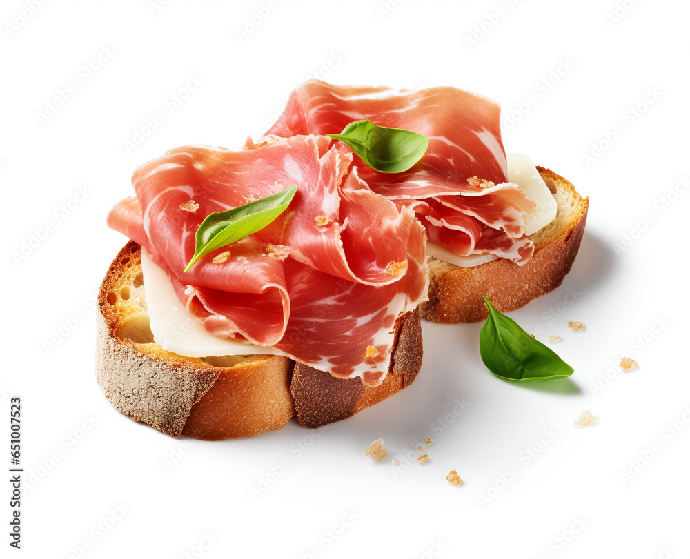 Crusty white bread sandwich with jamon serrano and basil close-up on neutral background. Crusty white bread sandwich with jamon serrano and basil close-up on neutral background.