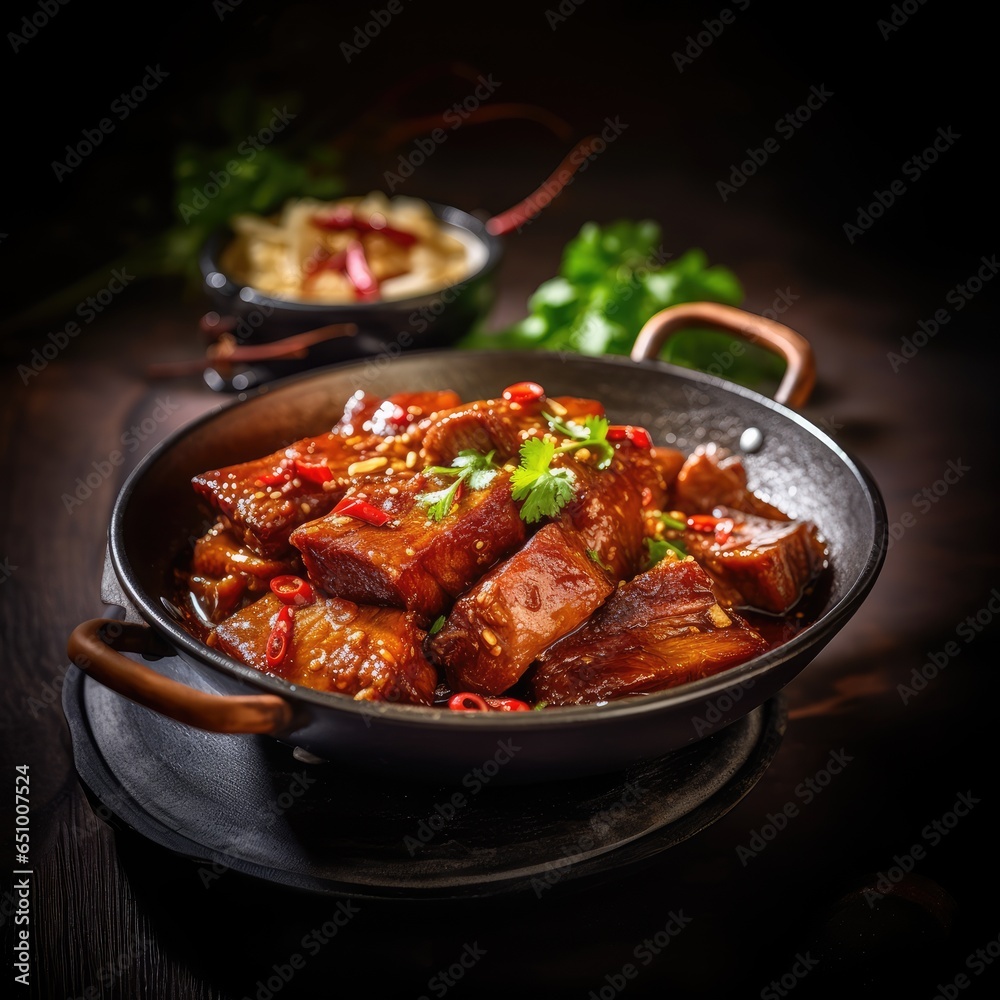 Fototapeta premium Delicious meat dish with herbs on the table.