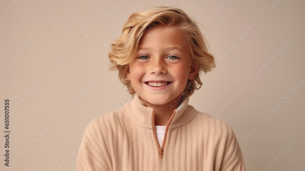 The portrait captures a cute, grinning blond boy on a beige backdrop. The portrait captures a cute, grinning blond boy on a beige backdrop.