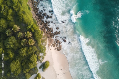 Tropical Beach coastline with palm trees, rock formations and aqua waves