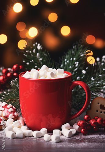 Red coffee cup with marshmallows on New Year neutral background.