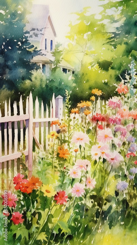 フェンスで囲まれた春の草花が咲き乱れるガーデン 水彩イラスト