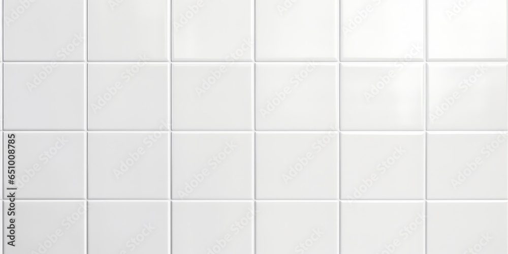 White, glossy, contemporary ceramic square tiles, seamless backdrop texture. Tile, tile floor, or countertop in a kitchen or bathroom. Interior design motif repetition in high-end porcelain.