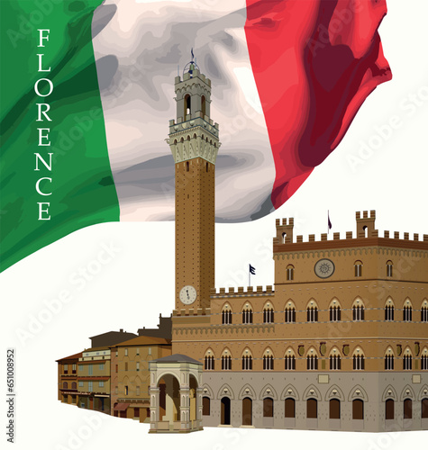 Palazzo Vecchio in Florence with the Italian flag in the background. Vector.