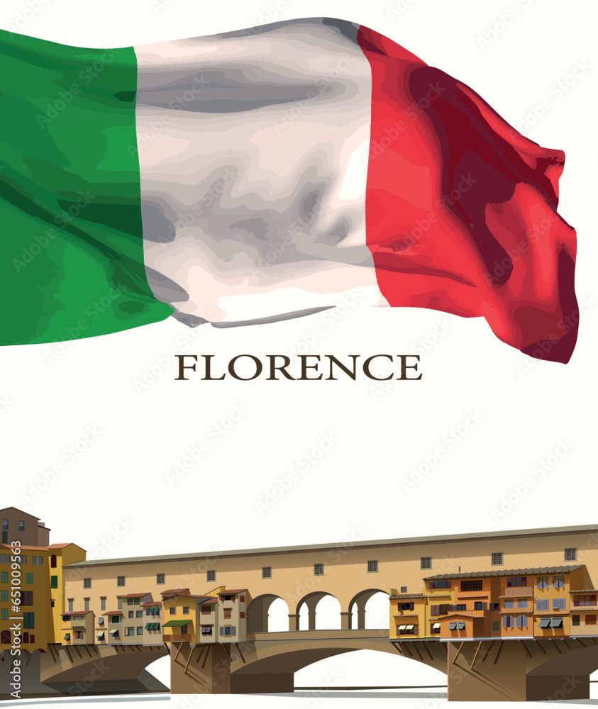 Welcome to Florence, Ponte Vecchio bridge and Italy flag. Vector.