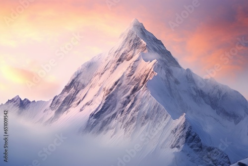 Mountain top covered with snow and shrouded in clouds at dawn © PinkiePie