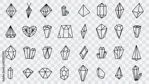 Jewel quartz crystal thin line icon set. Outline sign of treasure gem. Mineral linear icons includes ruby, sapphire topaz, emerald. Simple amethyst crystal symbol isolated. Diamond vector Illustration