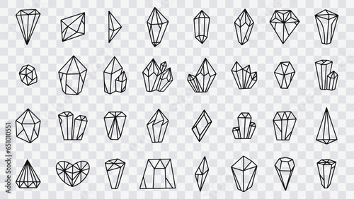 Jewel quartz crystal thin line icon set. Outline sign of treasure gem. Mineral linear icons includes ruby, sapphire topaz, emerald. Simple amethyst crystal symbol isolated. Diamond vector Illustration
