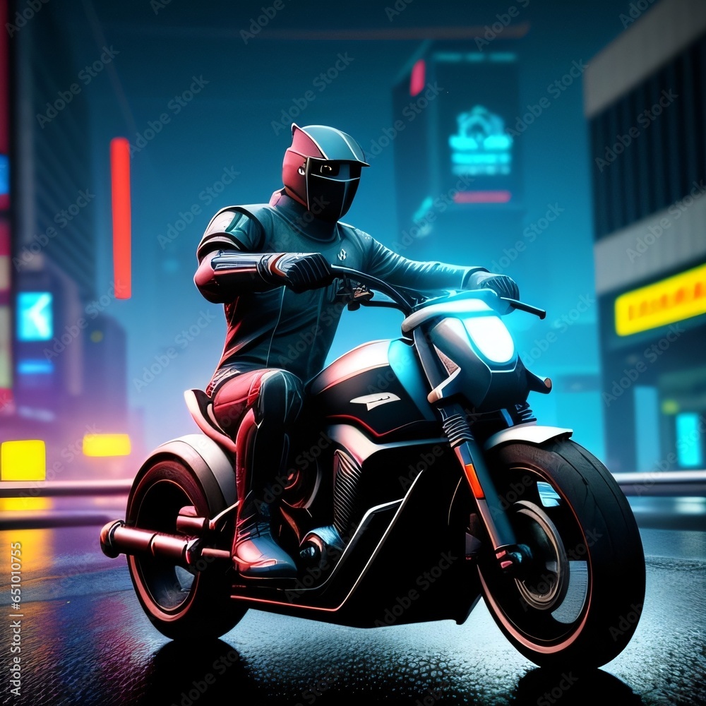 Masked rider in full leather suit riding his motorbike in the city at night