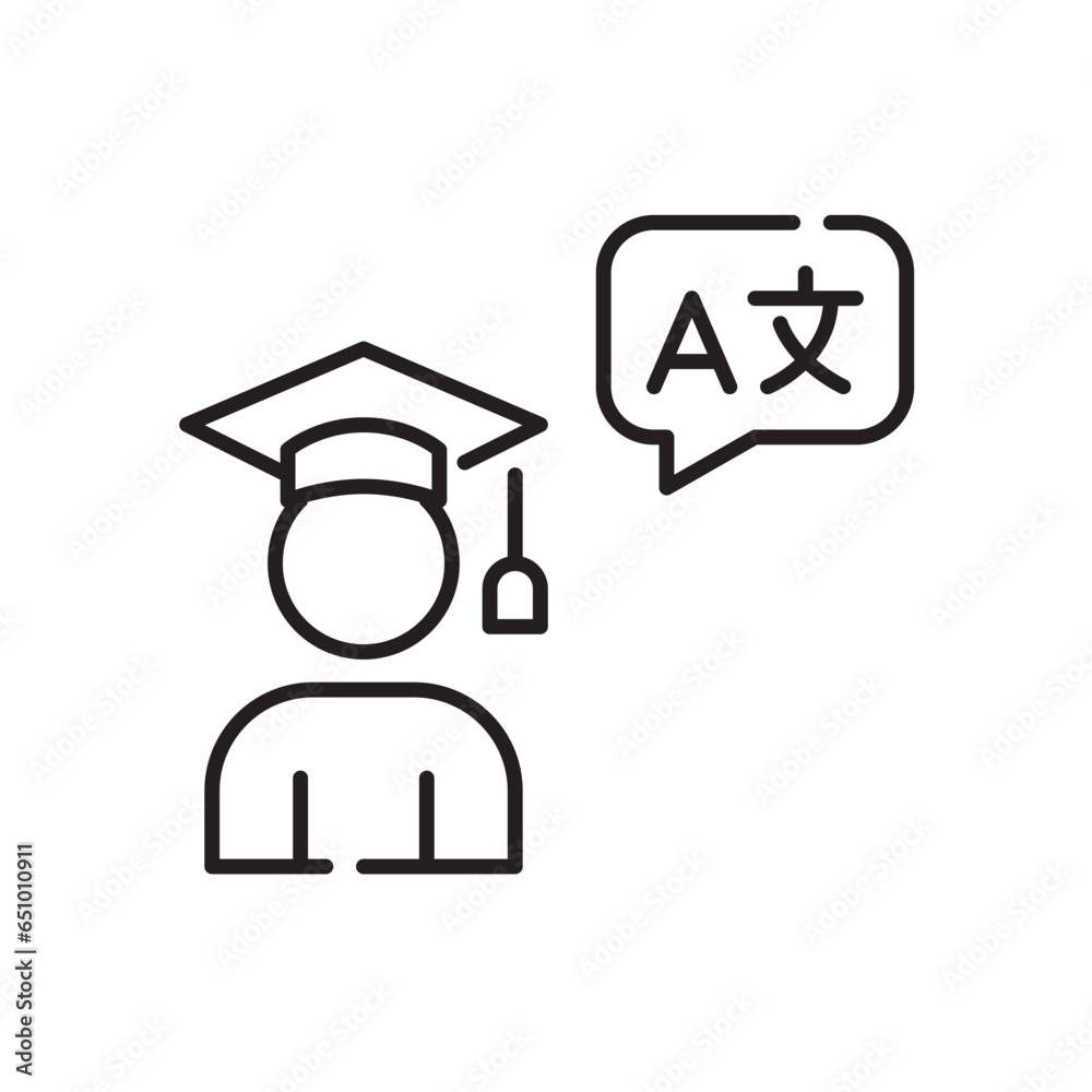 Graduate in mortar board learning a foreign language. Pixel perfect, editable stroke icon