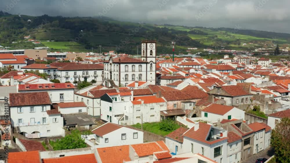 Aerial drone view of the beautiful local town of Vila Franco Do Campo, Sao Miguel island, Azores - Portugal. Aerial drone view of the beautiful local town of Vila Franco Do Campo, Sao Miguel island, Azores - Portugal.