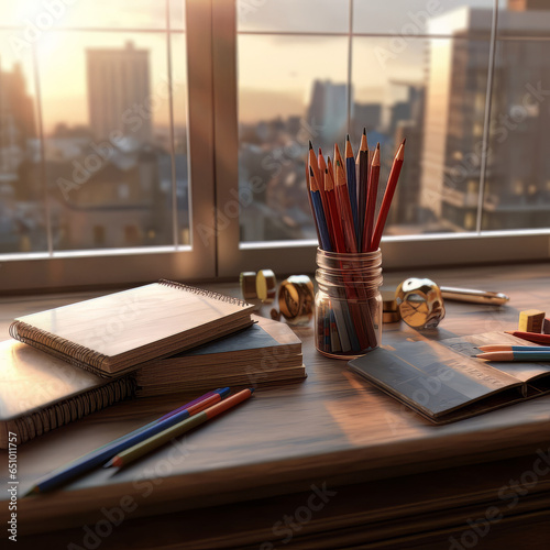 Morning Workspace: Books and Pencils on Desk by the Window