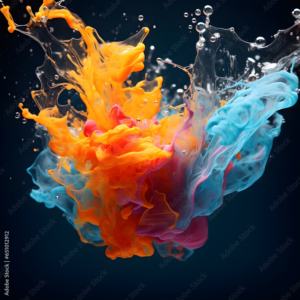 Obraz premium water splash colorful background with orange and blue color. Generative Ai illustration.